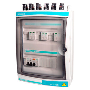 Cuadro de proteccion fotovoltaica para 1 entradas de strig's 1000 Vdc con proteccion cortocircuito por fusible 15A y 1 salidas de mppt's con protectores de sobretension transitorias de 40kA tipo 2 y conector MC4. Proteccion en alterna trifásica de 25 A con diferencial tipo A de 30mA. Con protector de sobretensiones permanentes.. Con protector de sobretension transitoria 15 kA. En envolvente modular.