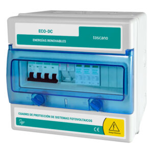 Cuadro de proteccion fotovolaica para 3 entradas de string's 1000 Vdc con proteccion cortocircuito por fusible 15A y 1 salidas de mppt's con protectores de sobretension transitorias de 40kA tipo 2, seccionador de 63 A y prensaestopa. En envolvente modular.
