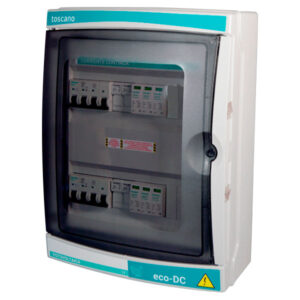 Cuadro de proteccion fotovoltaica para 1 entradas de string's 1000 Vdc con proteccion cortocircuito por fusible 15A y 1 salidas de mppt's con protectores de sobretension transitorias de 40kA tipo 2 y conector MC4. Proteccion en alterna trifásica de 40 A con diferencial tipo A de 30mA. Con protector de sobretension transitoria 15 kA. En envolvente modular.