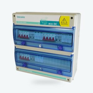Cuadro de proteccion fotovoltaica para 4 entradas de string's 600 Vdc con proteccion cortocircuito por fusible 15A y 1 salidas de mppt's con protectores de sobretension transitorias de 40kA tipo 2, seccionador de 63 A y prensaestopa. En envolvente modular.