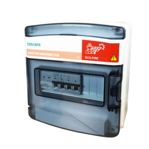 ECO-FIRE 1I1-1000 · Cuadro seccionador para aislamiento de 1 string 1000 Vdc 63A motorizado con reconexion automatica, sistema safety lock.