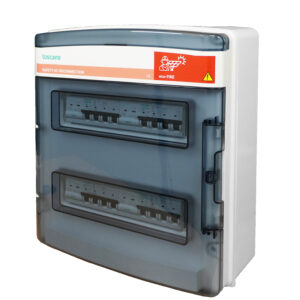 ECO-FIRE 2I2-1000 · Cuadro seccionador para aislamiento de 2 string 1000 Vdc 63A motorizado con reconexion automatica, sistema safety lock.