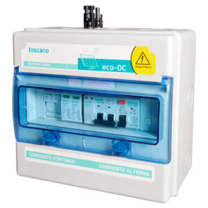 Cuadro de proteccin fotovoltaica para 3 entradas de string's 600 Vdc con proteccion cortocircuito por fusible 15A y 3 salidas de mppt's con protectores de sobretension transitorias de 40kA tipo 2 y conector MC4. Proteccion en alterna monofásica de 40 A con diferencial tipo A de 300mA. Con protector de sobretension transitoria 15 kA. En envolvente modular.