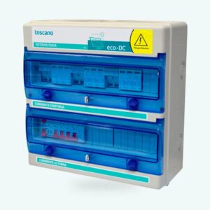 ECO-DC2I2M20XFV10P-3N16A30T15-S · Cuadro fotovoltaica con, 2 string 2 MPPT protección magnetotérmico con transitoria 40kA T2 para 1000Vdc prensaestopas. Protección trifásica 400Vac 16A. Diferencial 30mA tipo A con transitoria 15kA sin sobretensión permanente, armario IP65.