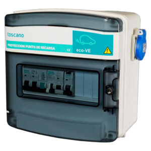 Cuadro de mando y proteccion para recarga de vehiculo electrico 2 polos 16A 230VAC  transitoria 15kA y permanente, schuko